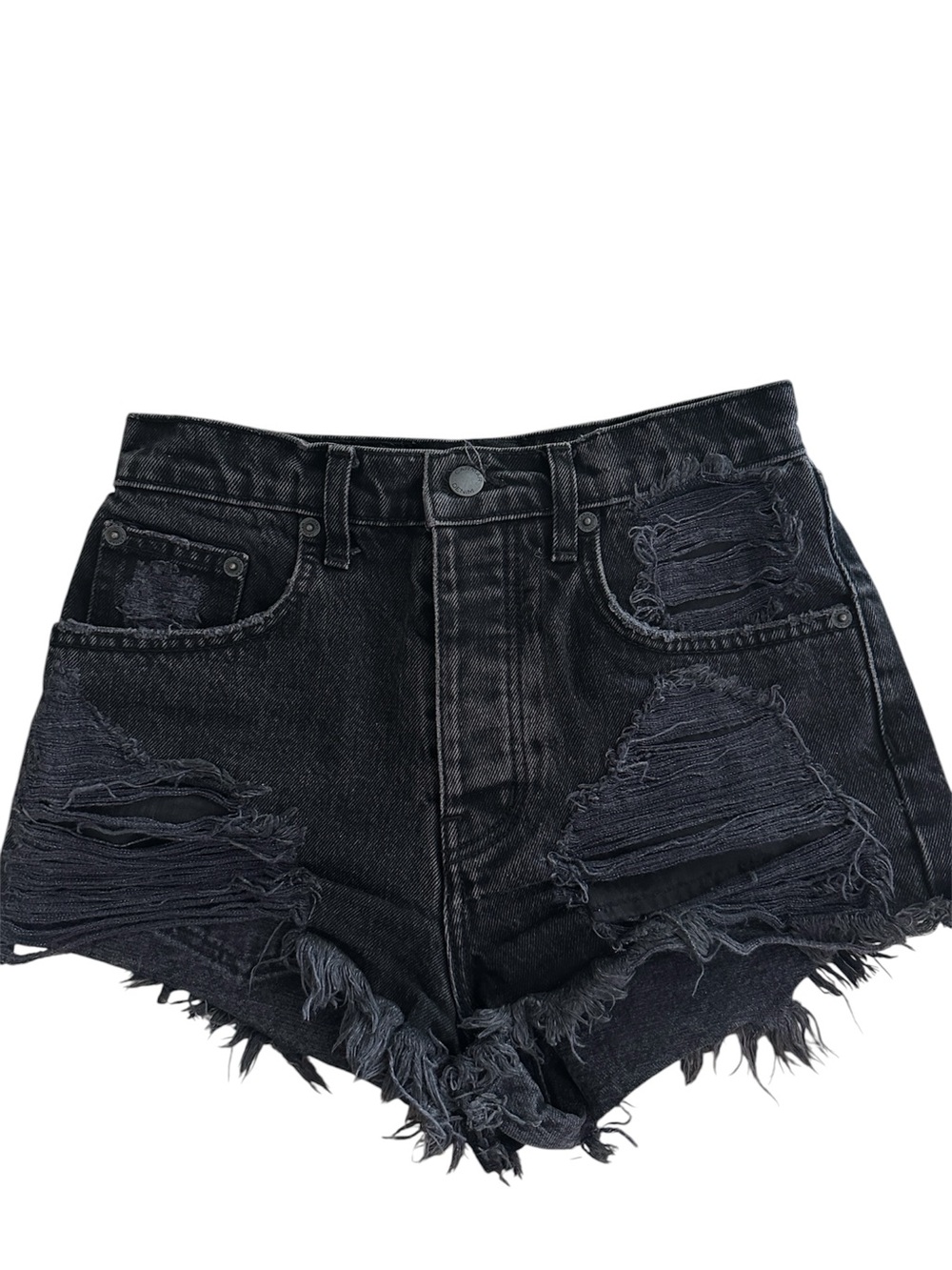 LF High-Rise Distressed Black Denim Shorts with Frayed Hem Size 25